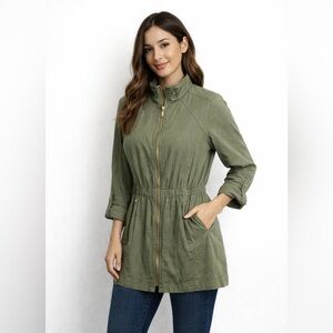 Ellen Tracy Olive Utility Jacket Zip Front Cinched Waist Size L